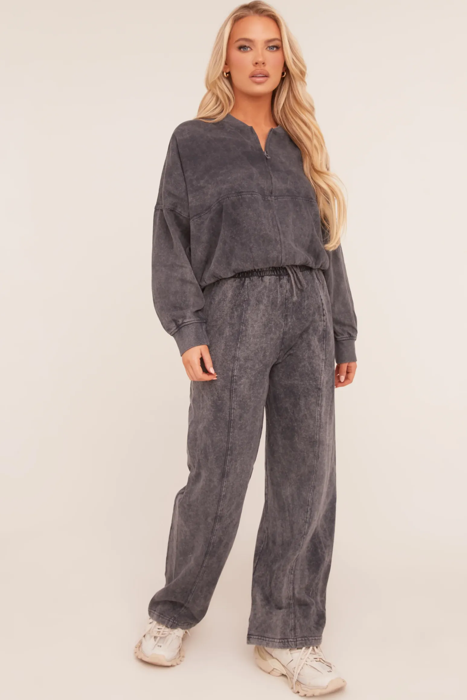 Rebellious Fashion Charcoal Washed Effect Zip Front Bomber & Joggers Loungewear Co-ord Set - Kamila