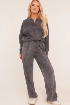 Rebellious Fashion Charcoal Washed Effect Zip Front Bomber & Joggers Loungewear Co-ord Set - Kamila