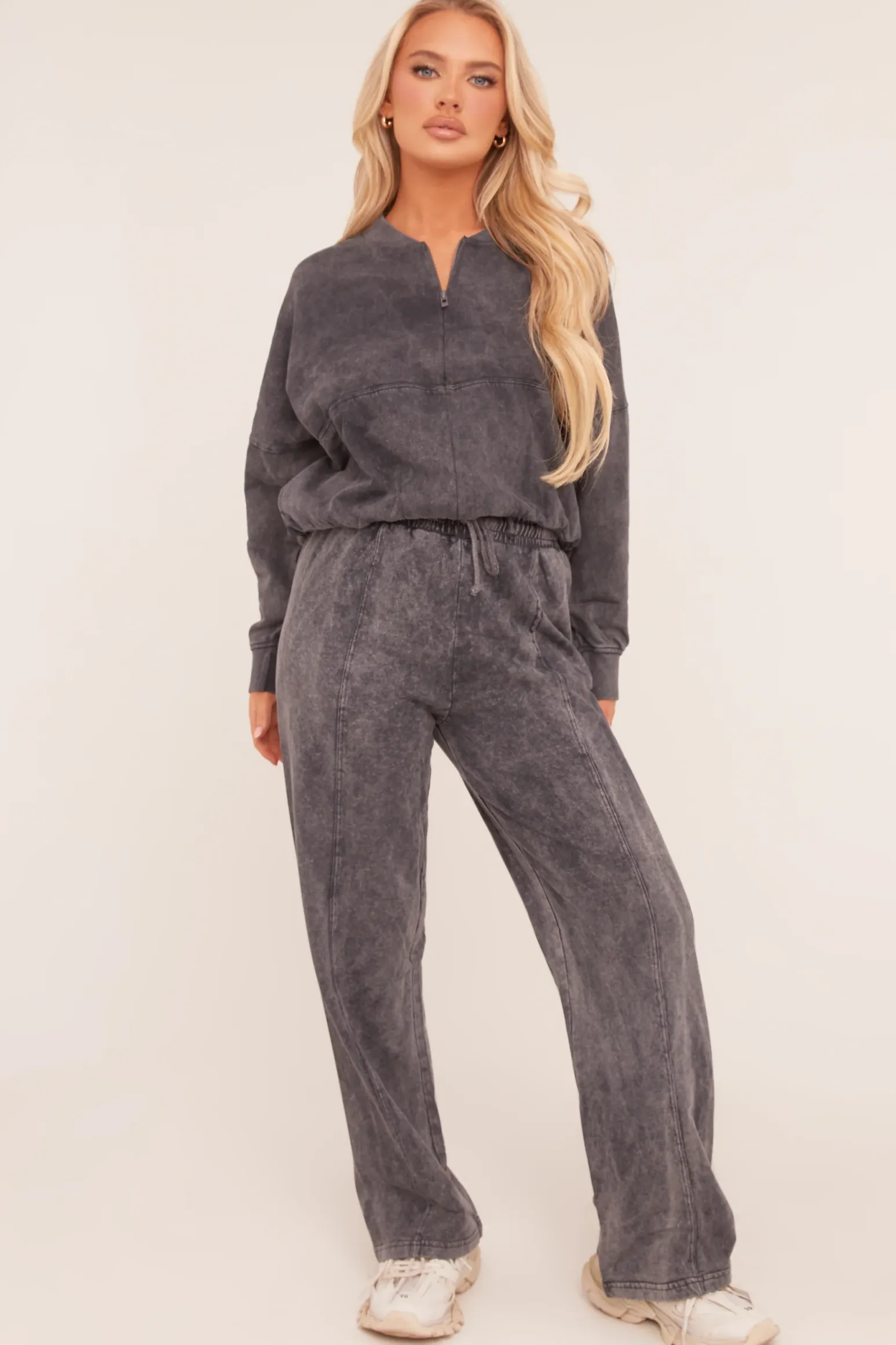 Rebellious Fashion Charcoal Washed Effect Zip Front Bomber & Joggers Loungewear Co-ord Set - Kamila