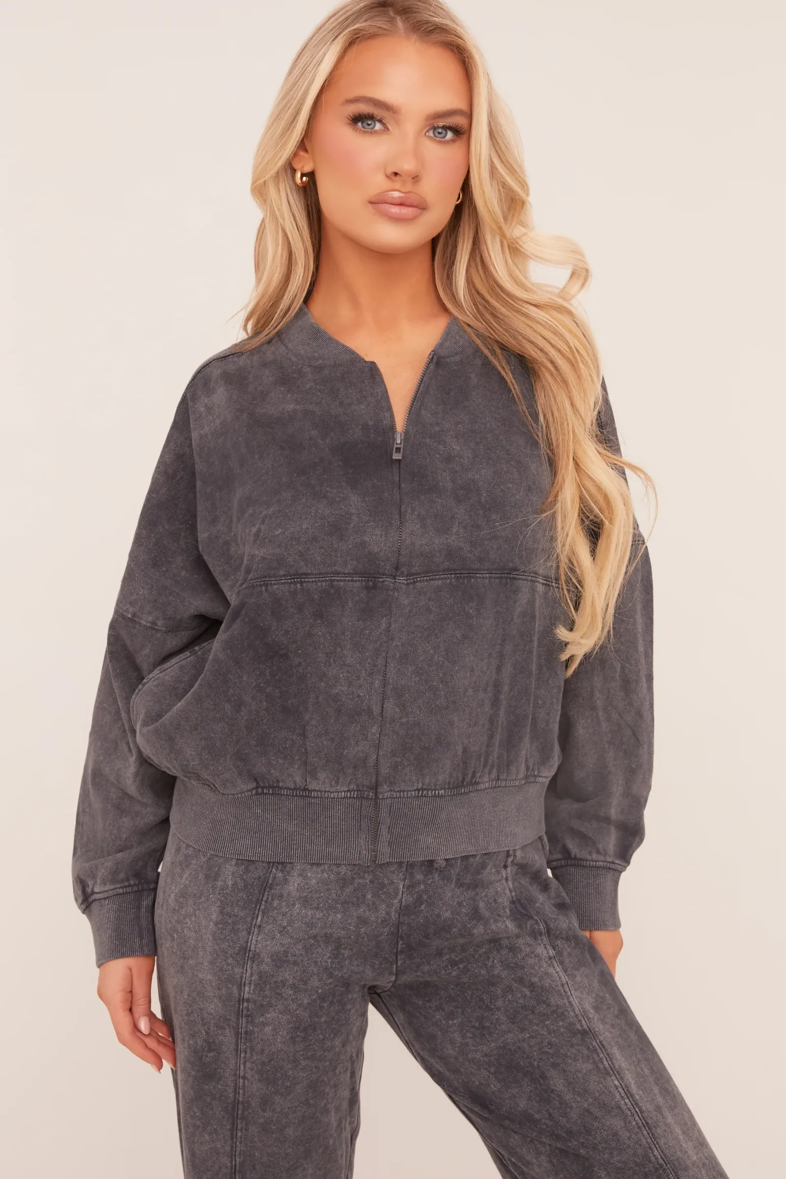 Rebellious Fashion Charcoal Washed Effect Zip Front Bomber & Joggers Loungewear Co-ord Set - Kamila