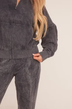 Rebellious Fashion Charcoal Washed Effect Zip Front Bomber & Joggers Loungewear Co-ord Set - Kamila