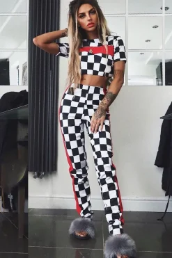 Rebellious Fashion Checker Board and Red Contrast Stripe Co-ord - Tianie