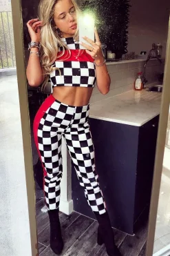 Rebellious Fashion Checker Board and Red Contrast Stripe Co-ord - Tianie