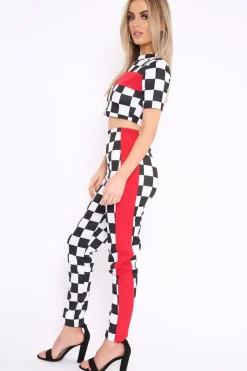 Rebellious Fashion Checker Board and Red Contrast Stripe Co-ord - Tianie