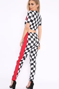Rebellious Fashion Checker Board and Red Contrast Stripe Co-ord - Tianie