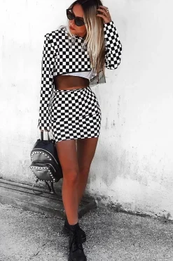 Rebellious Fashion Checker Board Print Hooded Crop Top and Skirt Co - ord - Braelyn