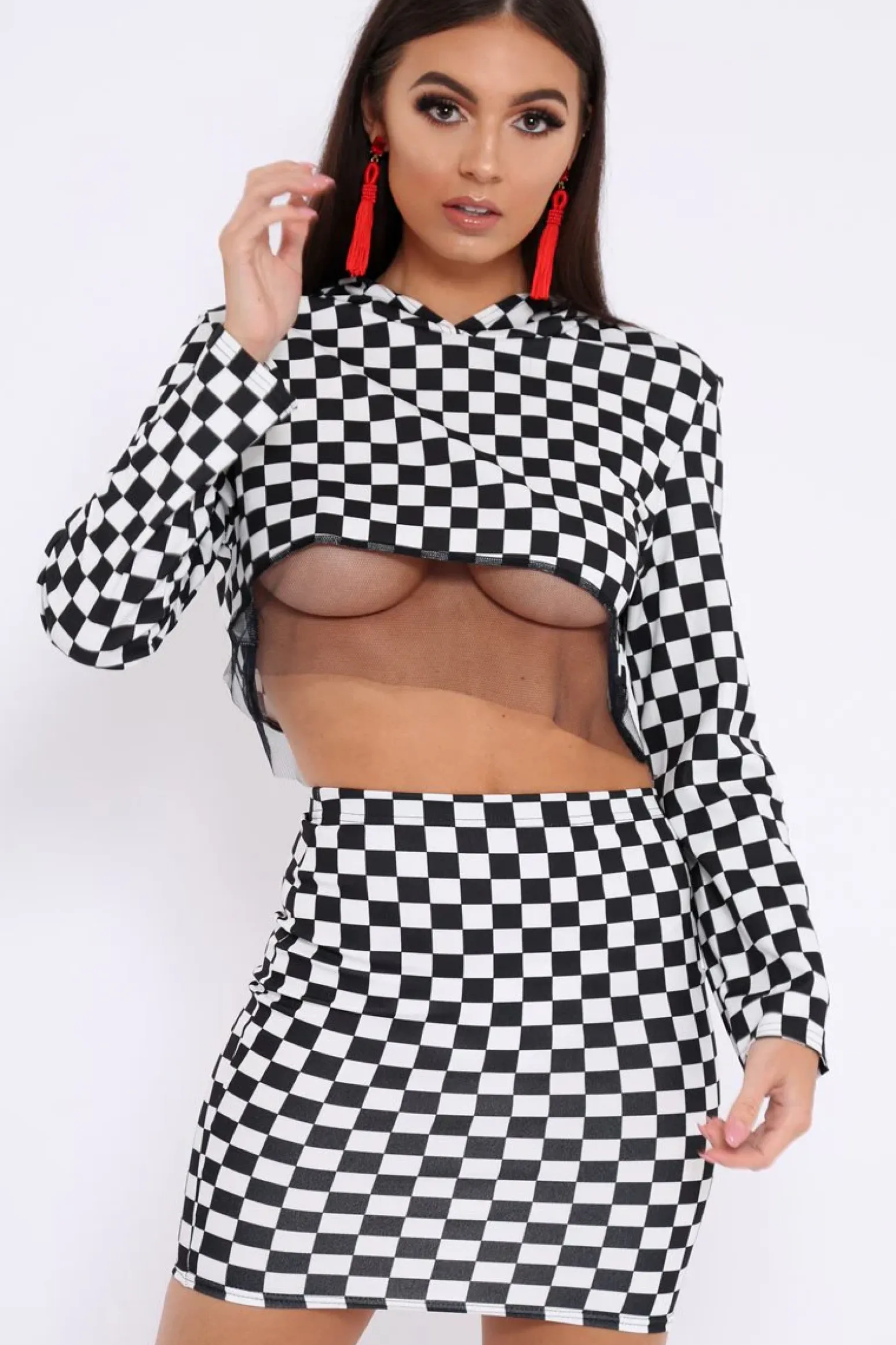 Rebellious Fashion Checker Board Print Hooded Crop Top and Skirt Co - ord - Braelyn