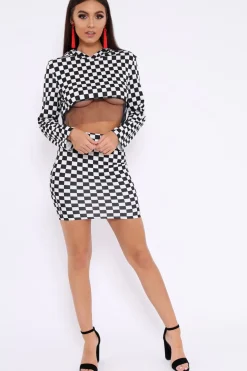 Rebellious Fashion Checker Board Print Hooded Crop Top and Skirt Co - ord - Braelyn