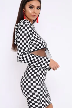 Rebellious Fashion Checker Board Print Hooded Crop Top and Skirt Co - ord - Braelyn
