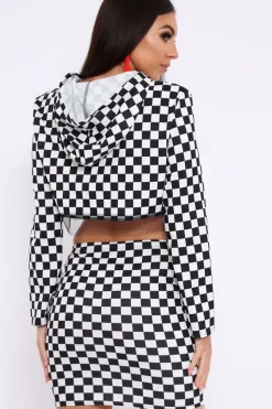 Rebellious Fashion Checker Board Print Hooded Crop Top and Skirt Co - ord - Braelyn