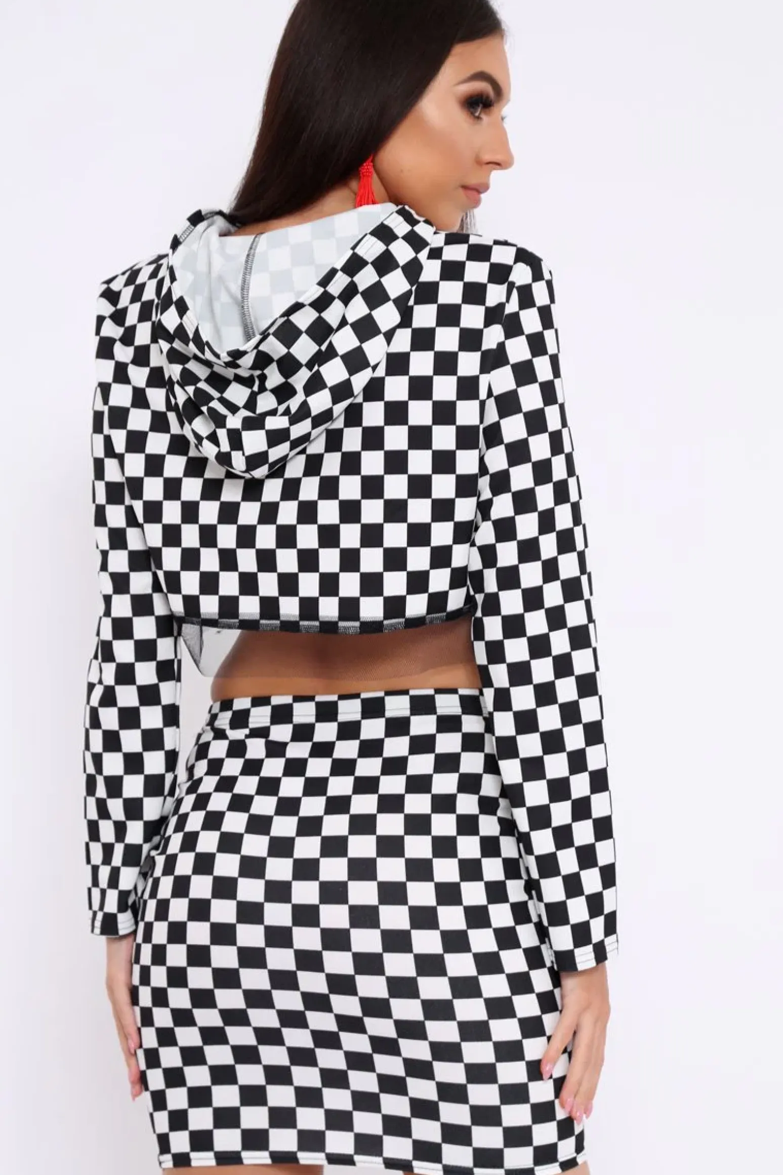 Rebellious Fashion Checker Board Print Hooded Crop Top and Skirt Co - ord - Braelyn