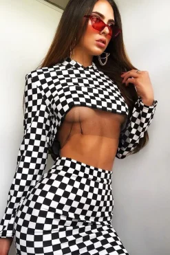 Rebellious Fashion Checker Board Print Hooded Crop Top and Skirt Co - ord - Braelyn