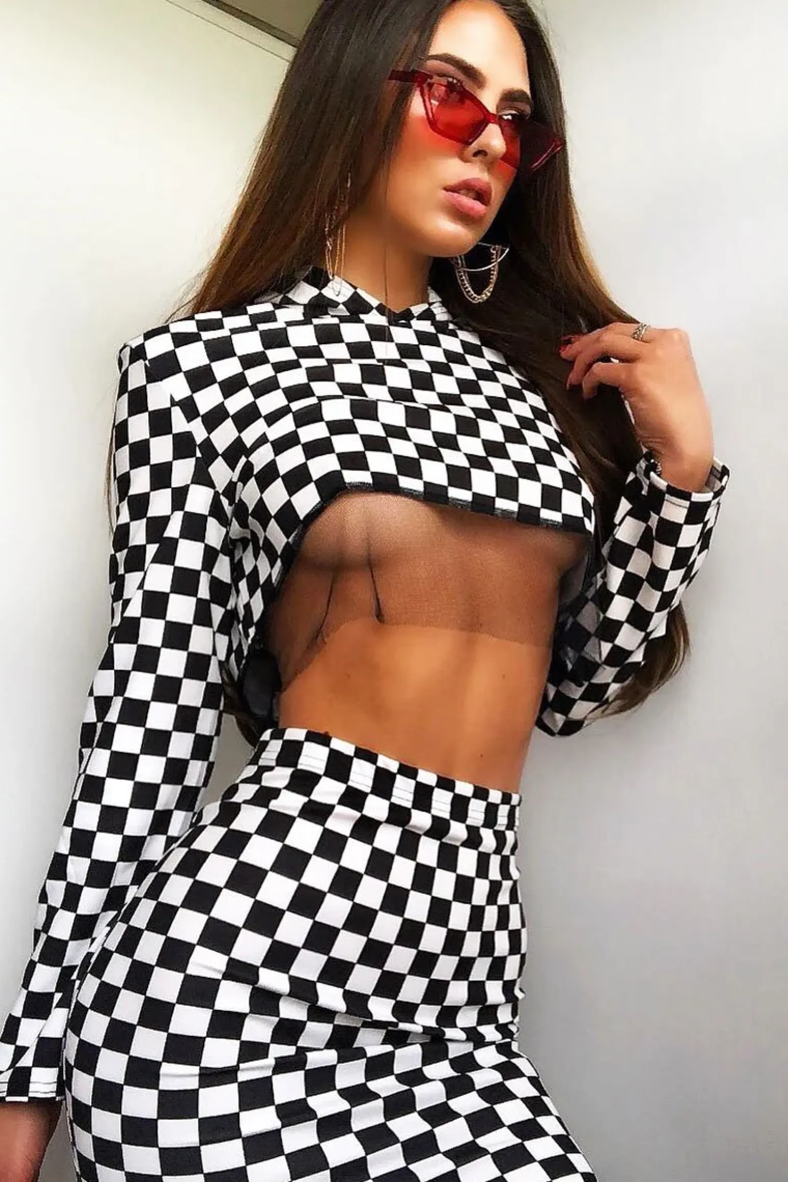 Rebellious Fashion Checker Board Print Hooded Crop Top and Skirt Co - ord - Braelyn