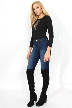 Rebellious Fashion Cheryl Black Tie Up Long Sleeved Bodysuit