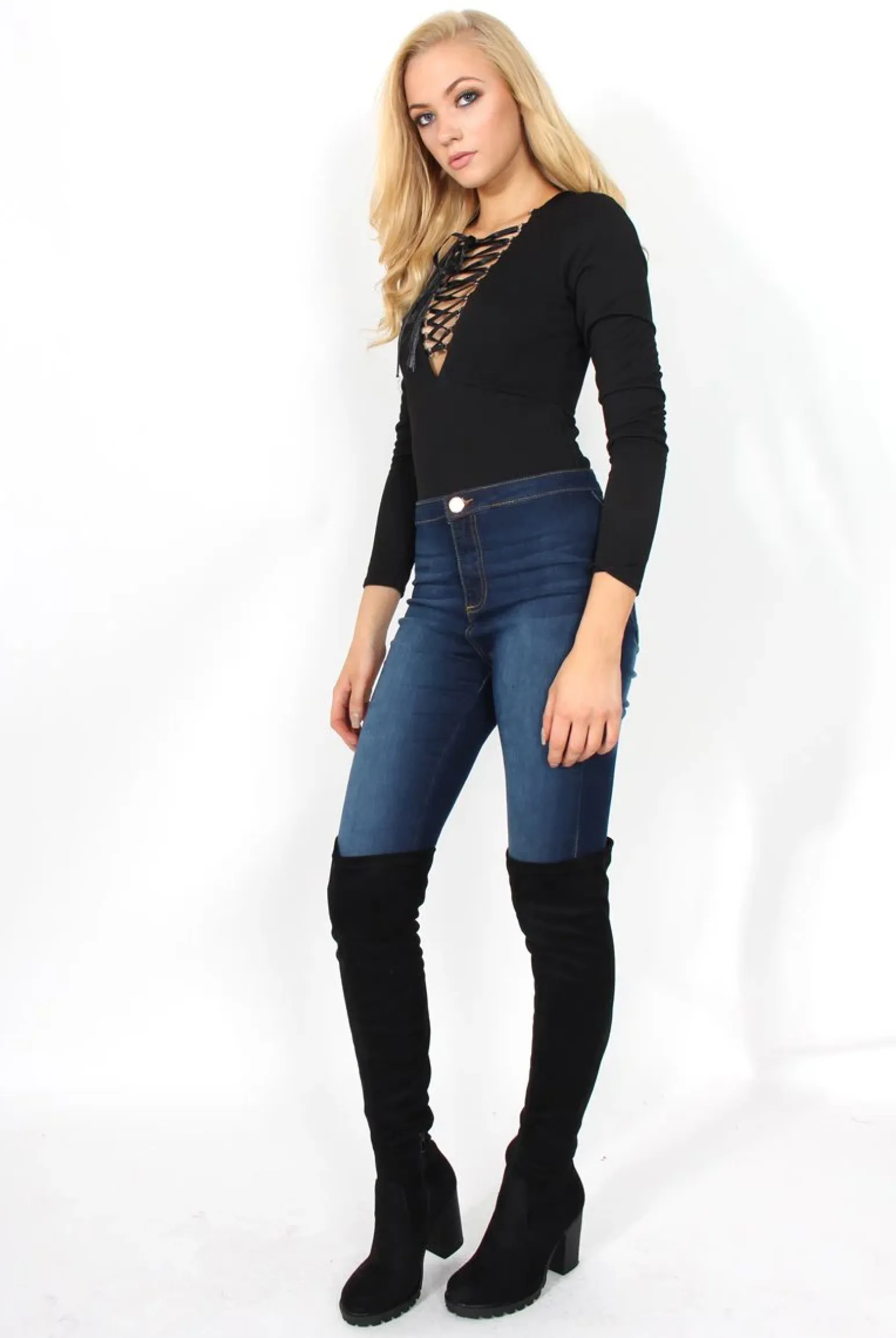Rebellious Fashion Cheryl Black Tie Up Long Sleeved Bodysuit
