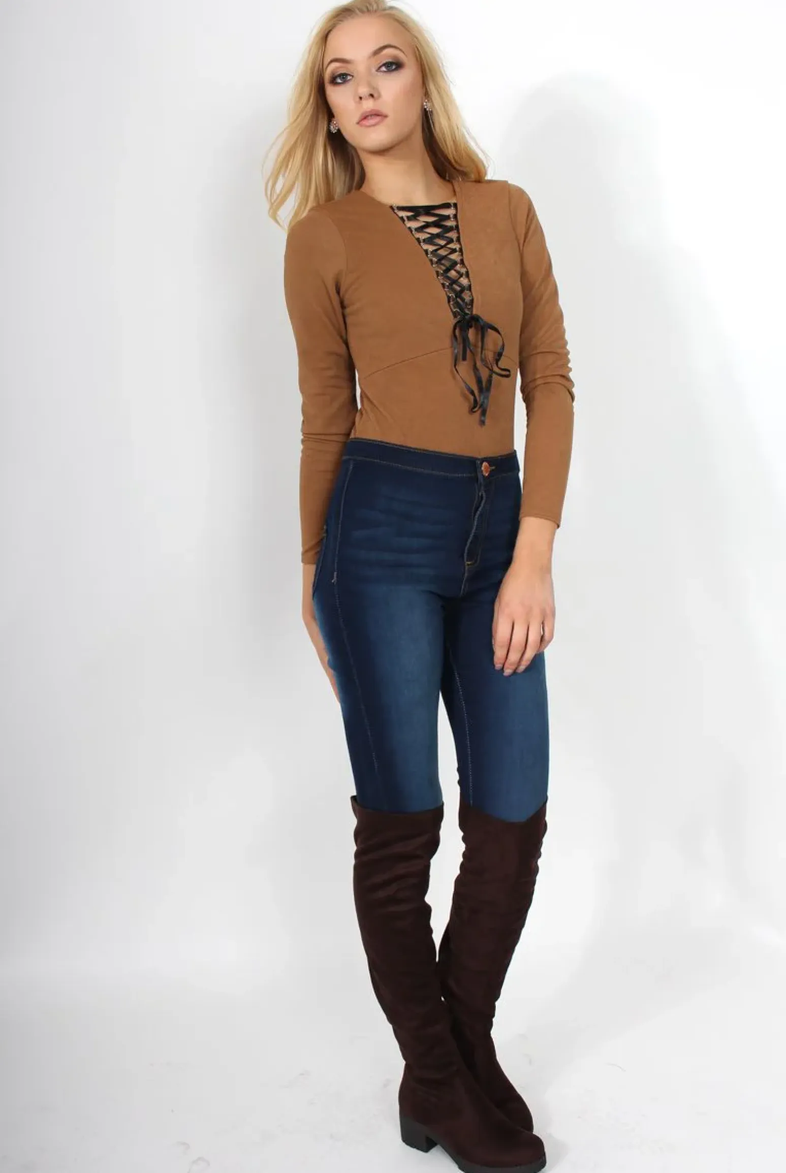 Rebellious Fashion Cheryl Camel Tie Up Long Sleeved Bodysuit