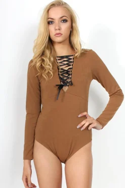 Rebellious Fashion Cheryl Camel Tie Up Long Sleeved Bodysuit