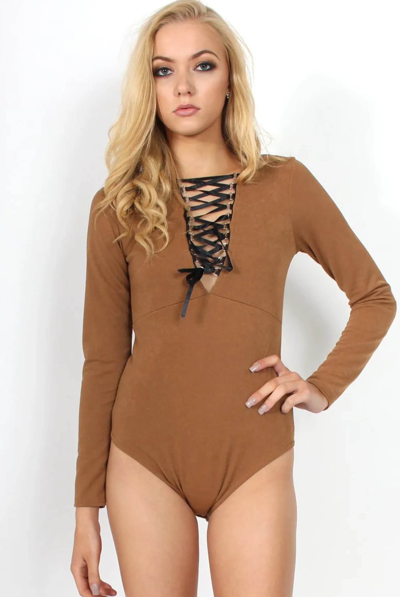 Rebellious Fashion Cheryl Camel Tie Up Long Sleeved Bodysuit