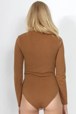 Rebellious Fashion Cheryl Camel Tie Up Long Sleeved Bodysuit