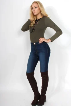 Rebellious Fashion Cheryl Khaki Tie Up Long Sleeved Bodysuit