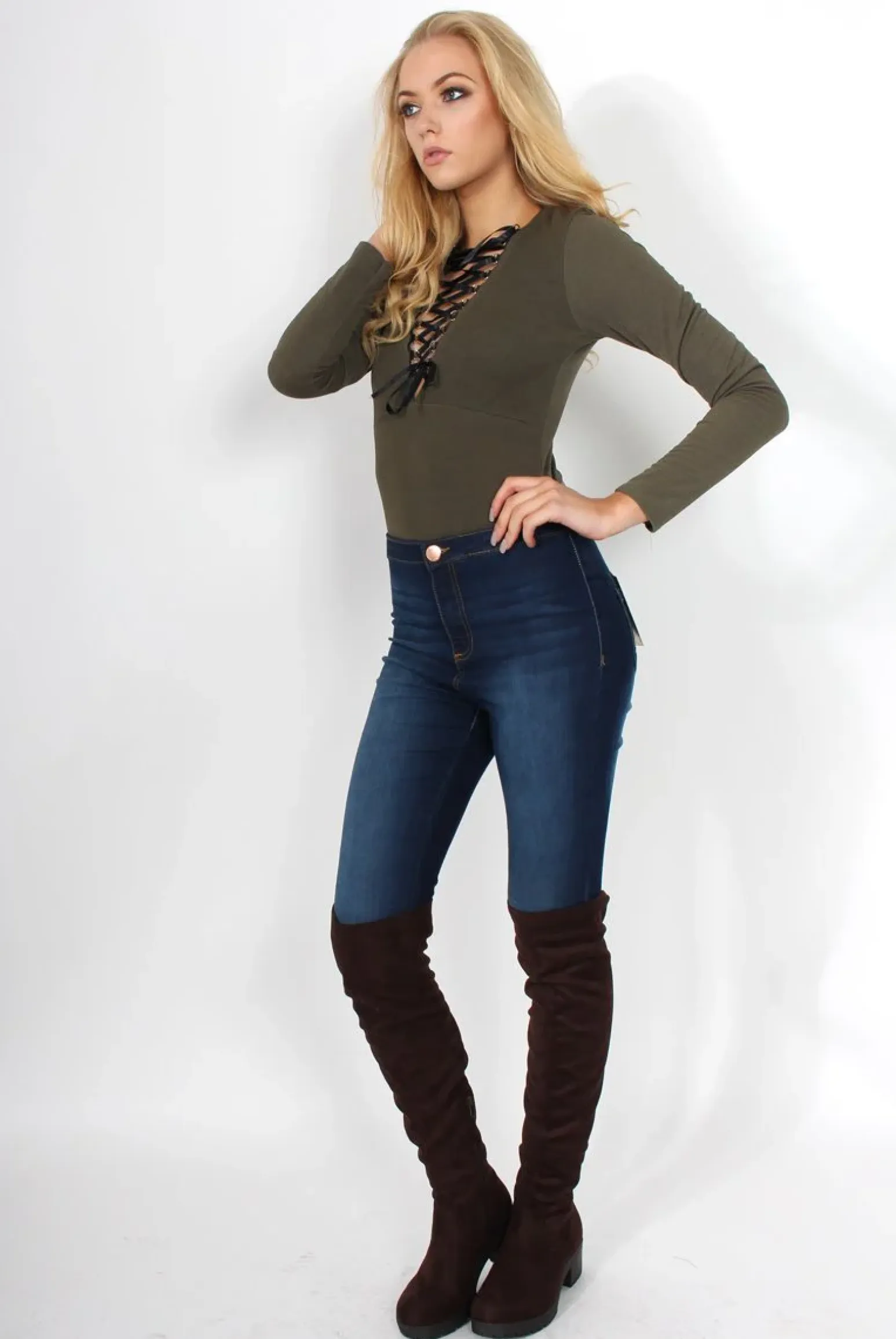 Rebellious Fashion Cheryl Khaki Tie Up Long Sleeved Bodysuit