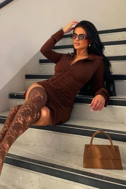 Rebellious Fashion Chocolate Asymmetric Button Front Shirt Dress - Serena