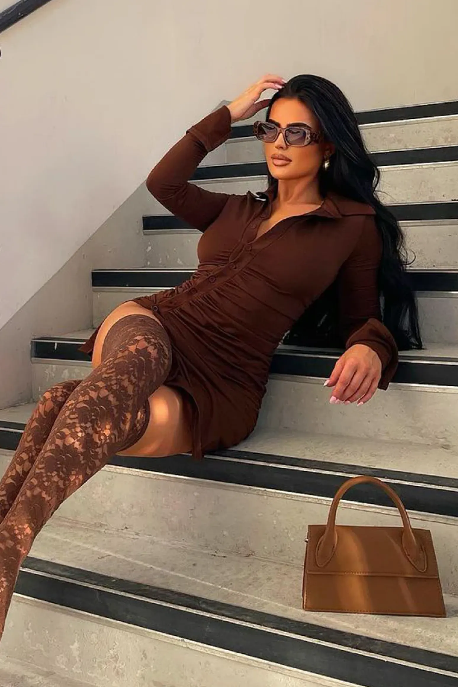 Rebellious Fashion Chocolate Asymmetric Button Front Shirt Dress - Serena