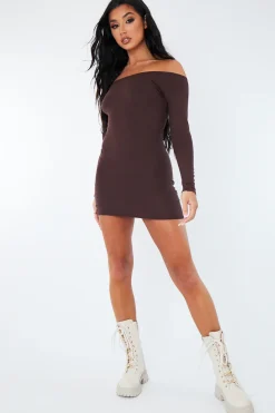 Rebellious Fashion Chocolate Bardot Jersey Mini Dress - Alayna