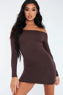 Rebellious Fashion Chocolate Bardot Jersey Mini Dress - Alayna