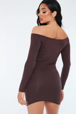 Rebellious Fashion Chocolate Bardot Jersey Mini Dress - Alayna