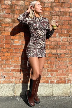 Rebellious Fashion Chocolate Marble Print Long Sleeve Mini Dress - Adanna