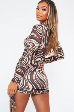 Rebellious Fashion Chocolate Marble Print Long Sleeve Mini Dress - Adanna