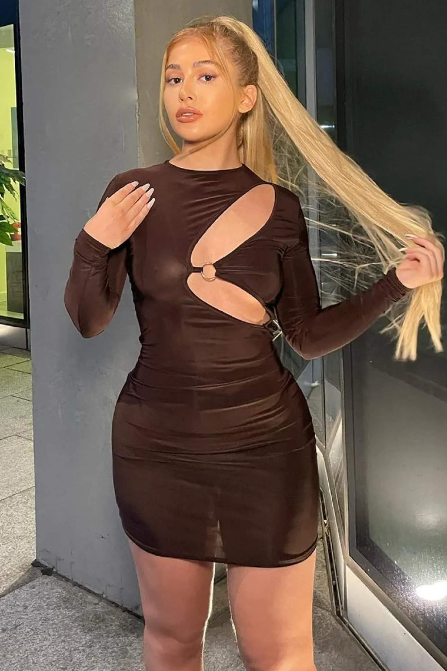 Rebellious Fashion Chocolate Ring Front Mini Dress - Keilani