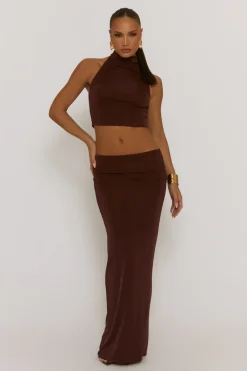 Rebellious Fashion Chocolate Acetate Slinky Halter Top & Maxi Skirt Co-ord Set - Alice
