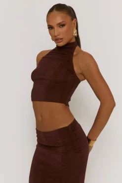 Rebellious Fashion Chocolate Acetate Slinky Halter Top & Maxi Skirt Co-ord Set - Alice