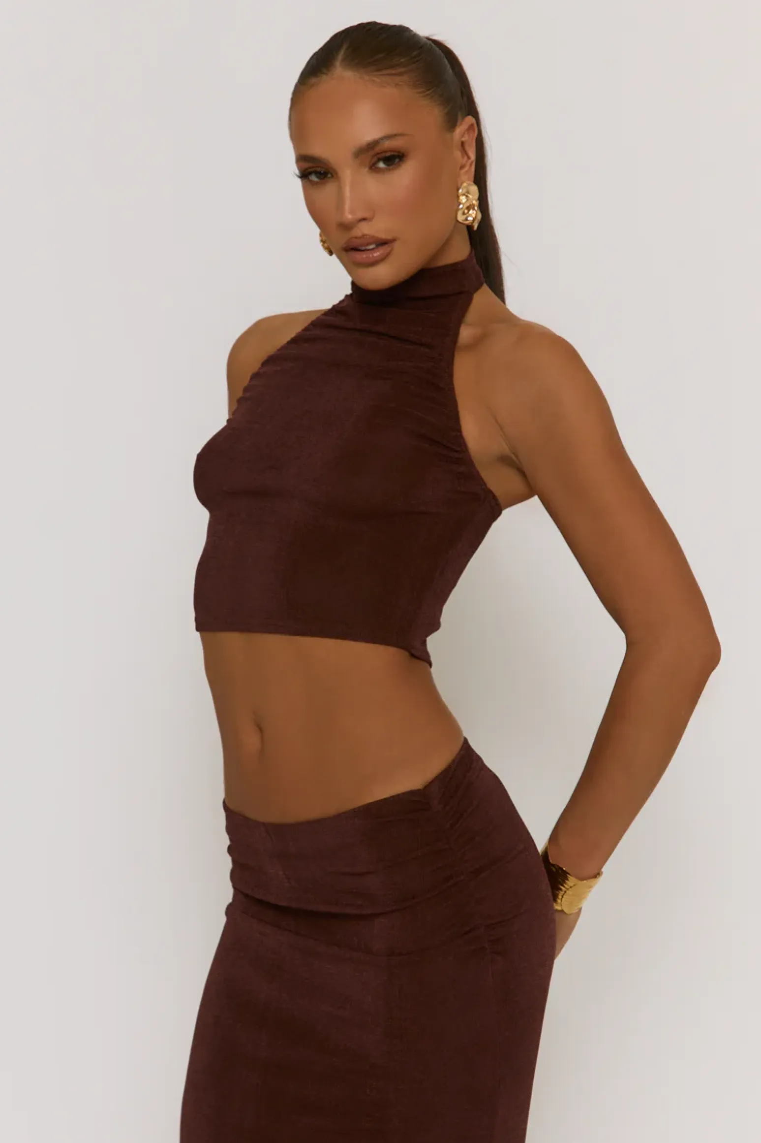 Rebellious Fashion Chocolate Acetate Slinky Halter Top & Maxi Skirt Co-ord Set - Alice