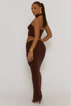 Rebellious Fashion Chocolate Acetate Slinky Halter Top & Maxi Skirt Co-ord Set - Alice