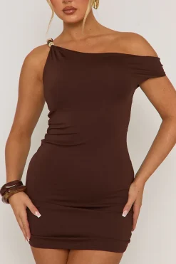 Rebellious Fashion Chocolate Asymmetric Trim Detail Mini Dress - Fabiana