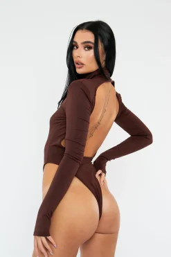 Rebellious Fashion Chocolate Backless High Neck Bodysuit - Tilli