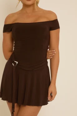 Rebellious Fashion Chocolate Belted Off Shoulder Slinky Mini Dress - Patrice