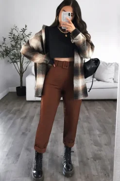 Rebellious Fashion Chocolate Brown Belted Waist Wide Leg Trouser - Kaena