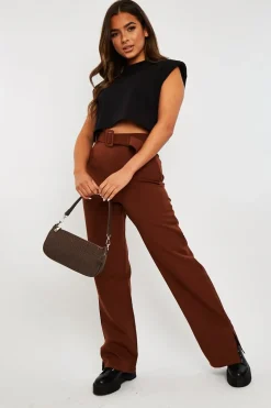 Rebellious Fashion Chocolate Brown Belted Waist Wide Leg Trouser - Kaena