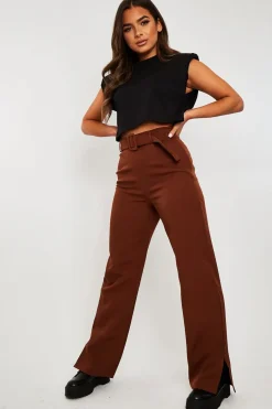 Rebellious Fashion Chocolate Brown Belted Waist Wide Leg Trouser - Kaena