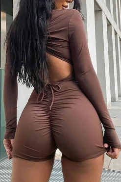 Rebellious Fashion Chocolate Brown Cut Out Drawstring Ruched Playsuit - Ariel