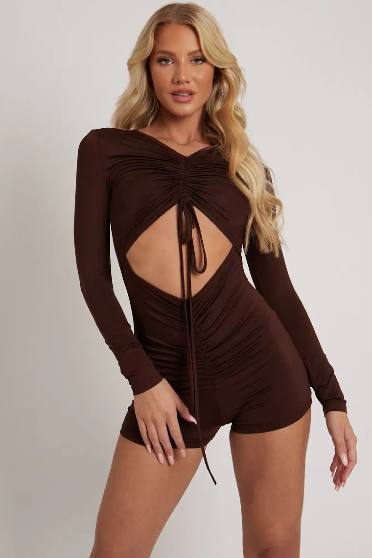 Rebellious Fashion Chocolate Brown Cut Out Drawstring Ruched Playsuit - Ariel