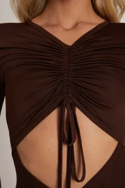 Rebellious Fashion Chocolate Brown Cut Out Drawstring Ruched Playsuit - Ariel
