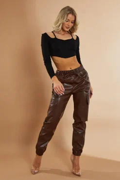 Rebellious Fashion Chocolate Brown Faux Leather Cuffed Cargo Trousers - Beverly