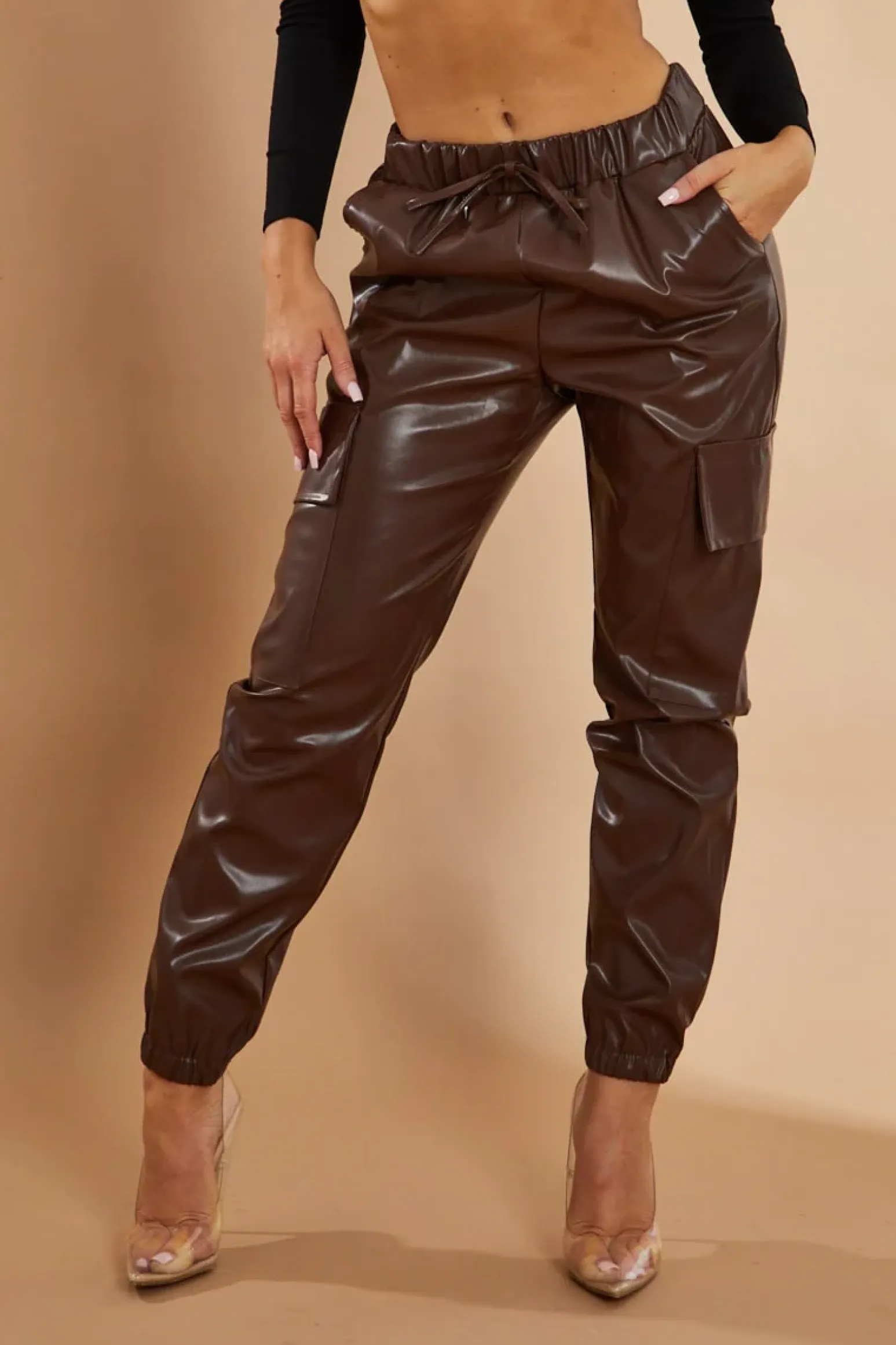 Rebellious Fashion Chocolate Brown Faux Leather Cuffed Cargo Trousers - Beverly