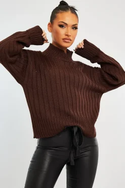 Rebellious Fashion Chocolate Brown Knit High Neck Jumper - Jaelynn