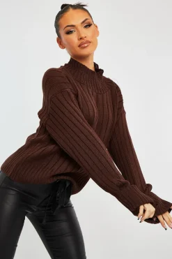 Rebellious Fashion Chocolate Brown Knit High Neck Jumper - Jaelynn